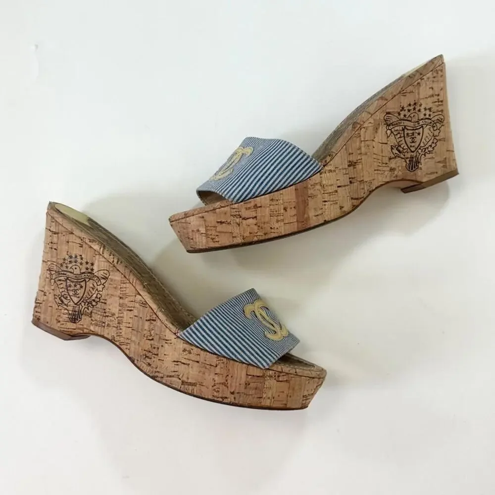 Y2k chanel cruise blue striped cork wedges